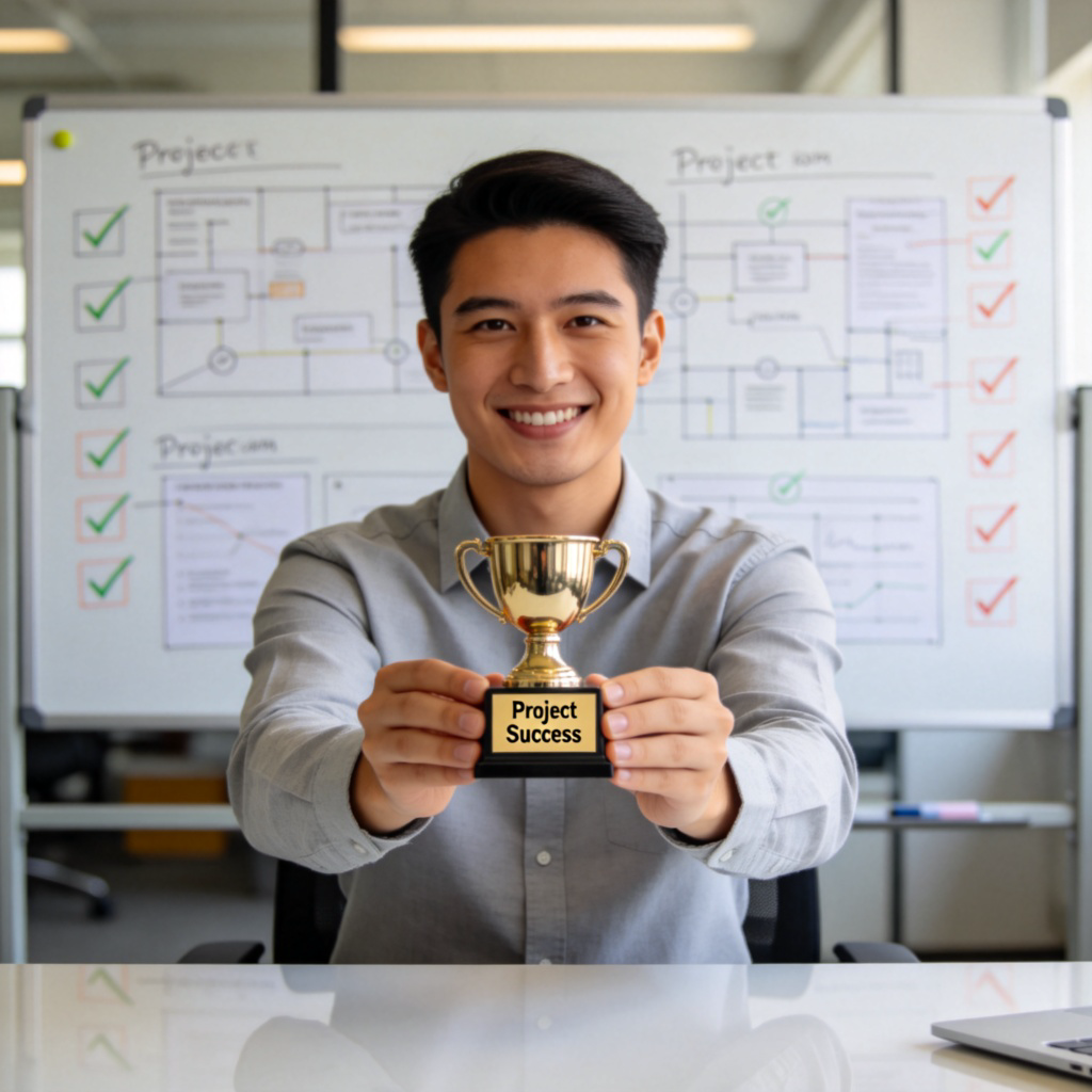 A person in a modern office, smiling and holding up a certificate or a small trophy labeled 'Project Success'. In the background, a whiteboard is covered with completed plans and checkmarks. The atmosphere is one of achievement and celebration. Clean, professional office environment with soft lighting. No text on the trophy other than the generic label.