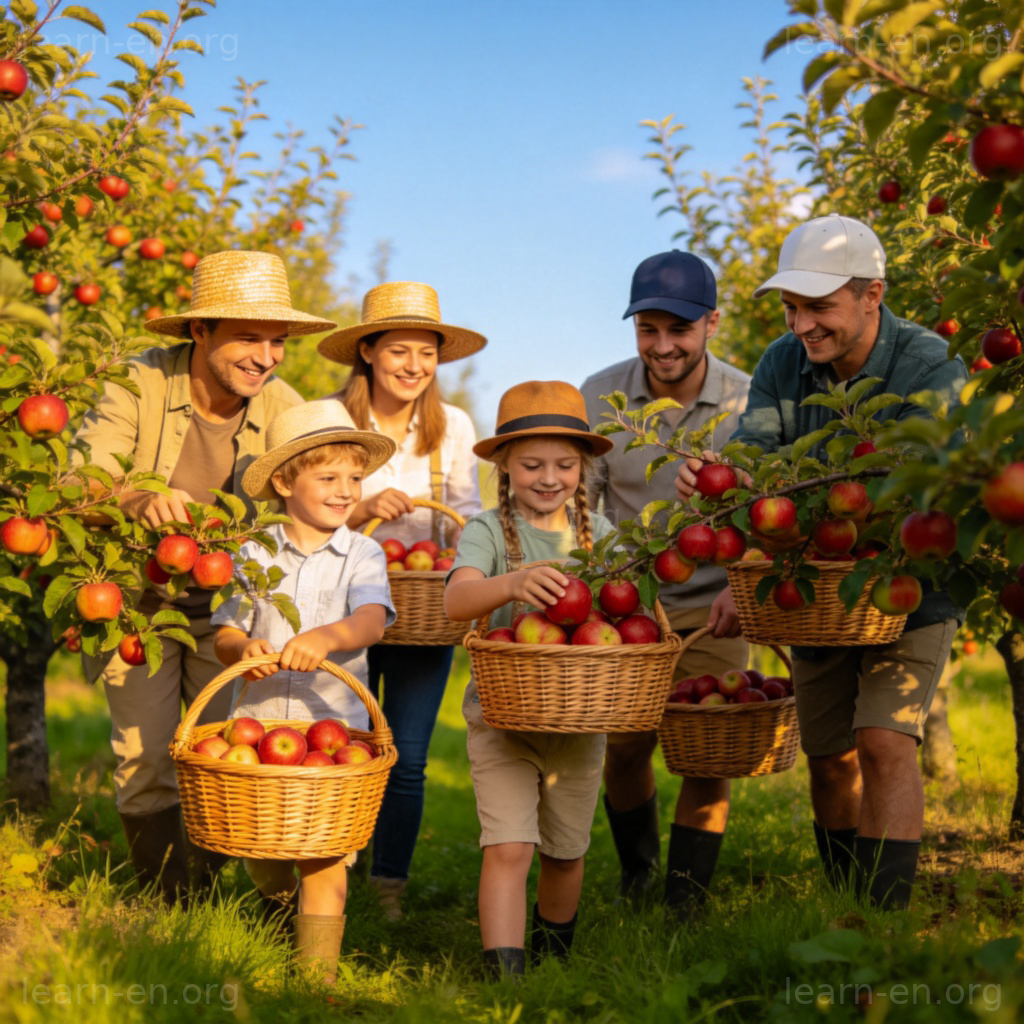 Fruit picking 图解：果园中人们采摘苹果的欢乐场景