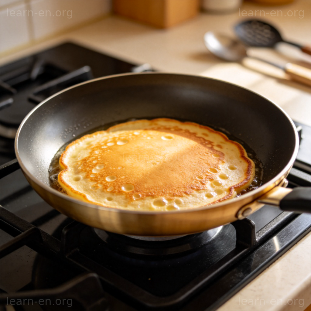 Non-stick frying pan with golden pancakes on stove