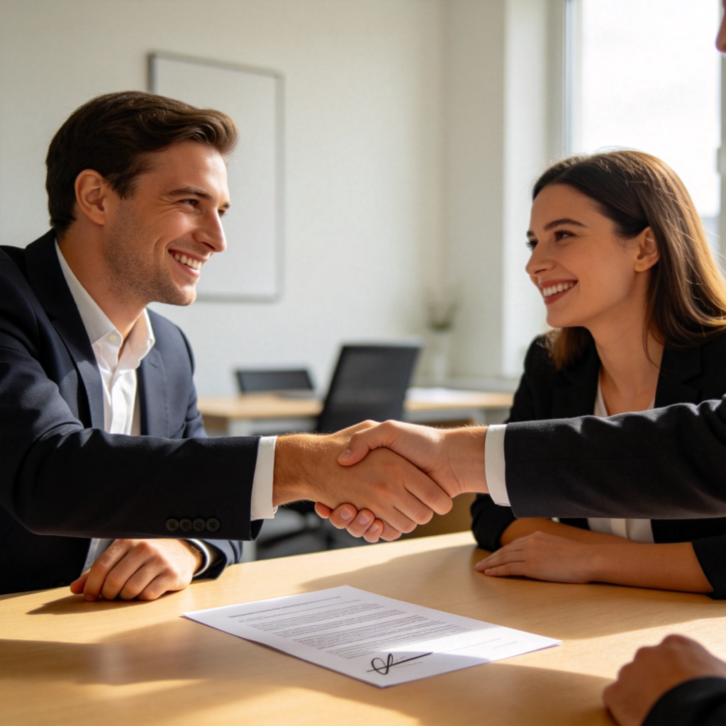 A handshake between two people over a table with a signed contract. One person smiles with relief, the other looks satisfied and trusting. A simple office background, natural lighting, focus on the hands and faces. No text.