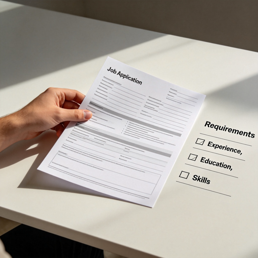 A person's hand placing a completed job application form on a desk next to a list titled "Requirements," with all items clearly checked off. The list shows items like 'Experience,' 'Education,' 'Skills.' Clean, modern desk setting with good lighting. No text.