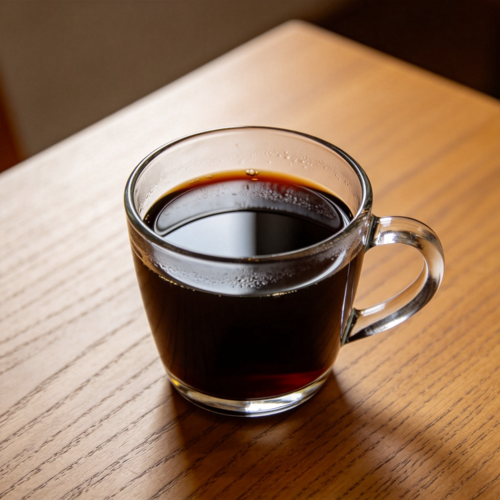 A clear glass cup or mug placed on a wooden table, filled to the very brim with a dark liquid like coffee or cola. The liquid is almost spilling over but held by surface tension. Close-up shot, warm natural light, focused on the liquid level. No text, no people.