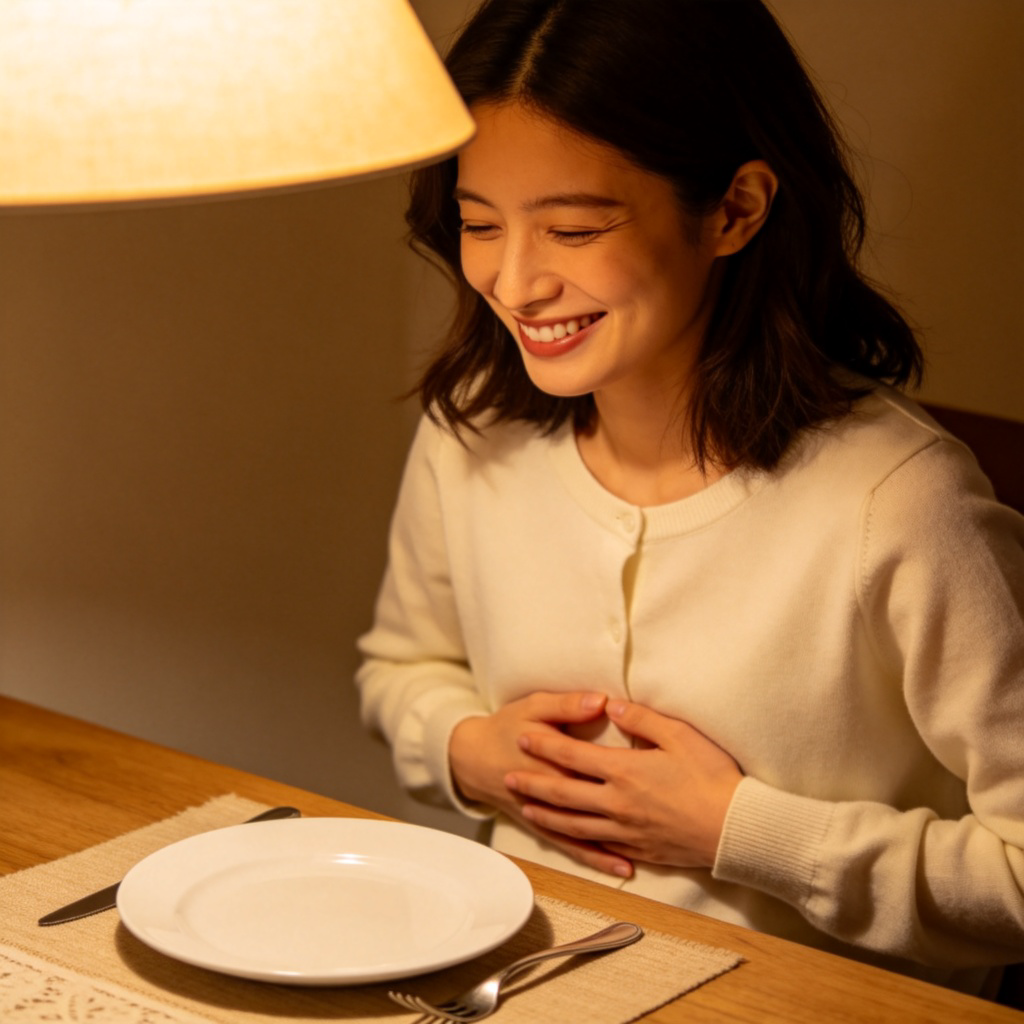 A smiling person sitting at a dining table with an empty plate and fork in front of them. Their hands are gently resting on their stomach with a content expression. Soft indoor lighting, cozy atmosphere, focus on the person's satisfied expression and gesture. No text.