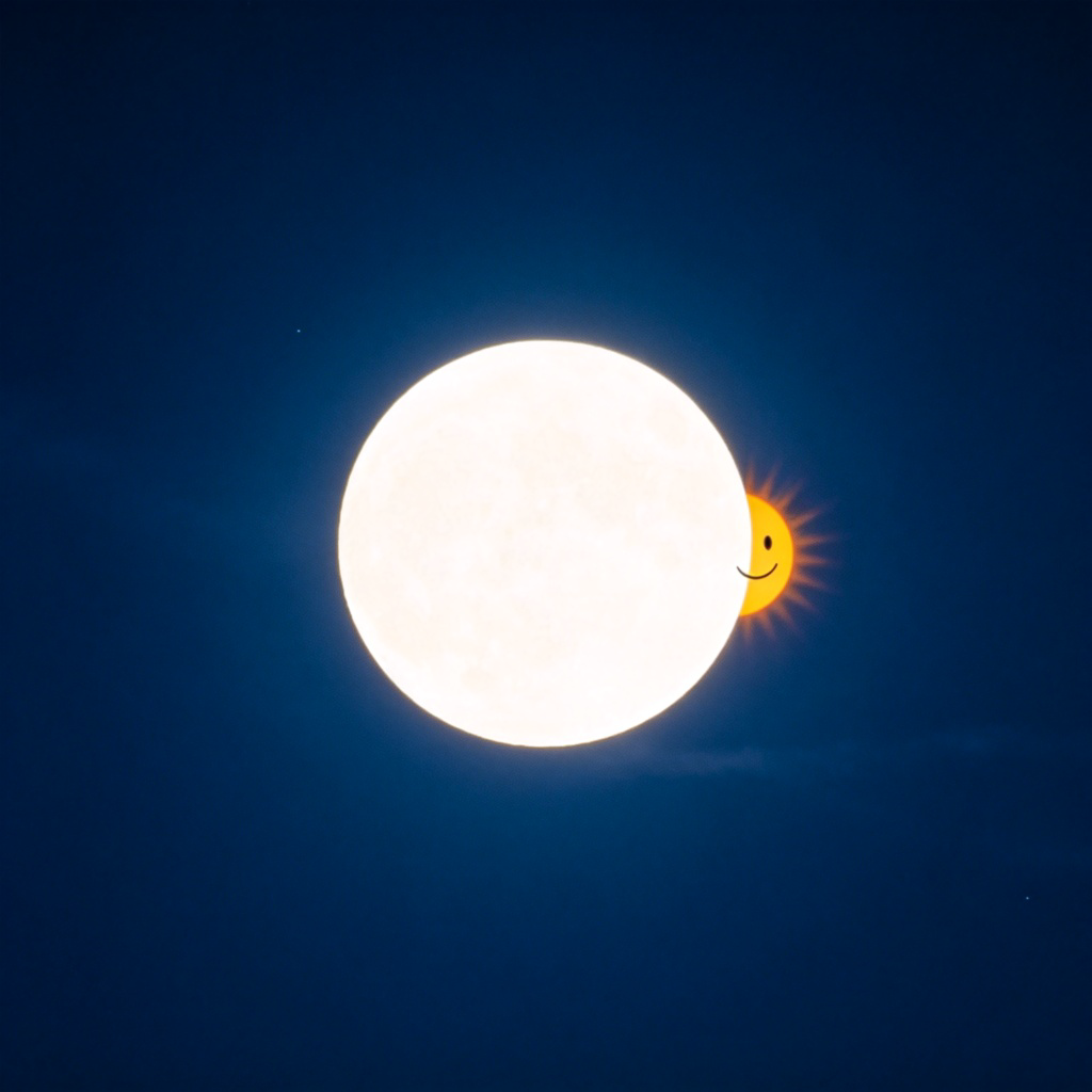 A bright, round, full moon in a dark blue night sky, with no clouds obscuring it. Its entire circle is perfectly illuminated. Beside it, a small part of a smiling sun is peeking from the edge of the frame, representing the concept of 'full' vs. partial. Celestial scene, serene and clear. No text.