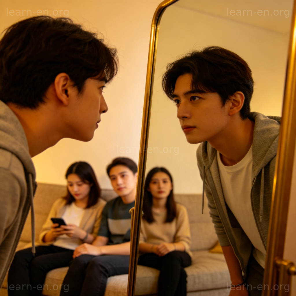 full of oneself 图解：一人对镜自赏，忽视身后等待的朋友