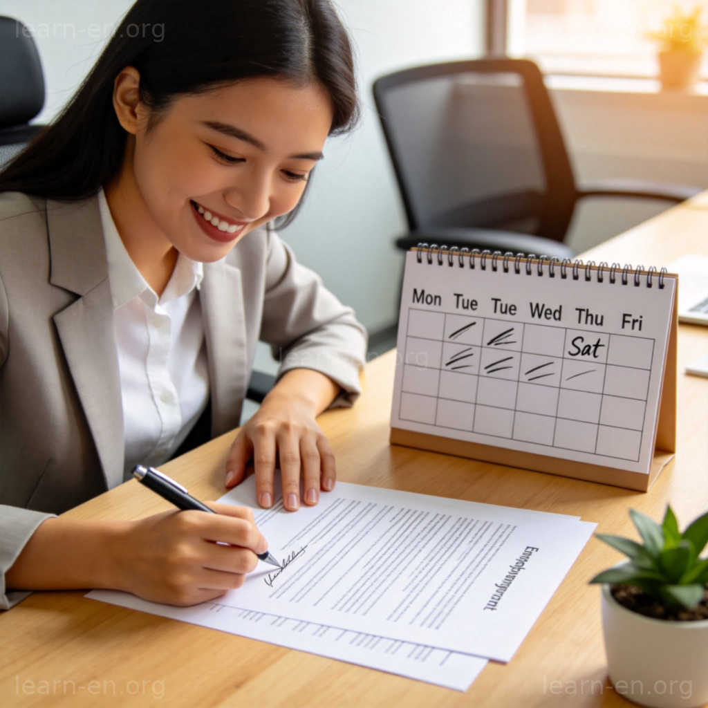 full-time position 图解：员工在办公室签署全职雇佣合同场景