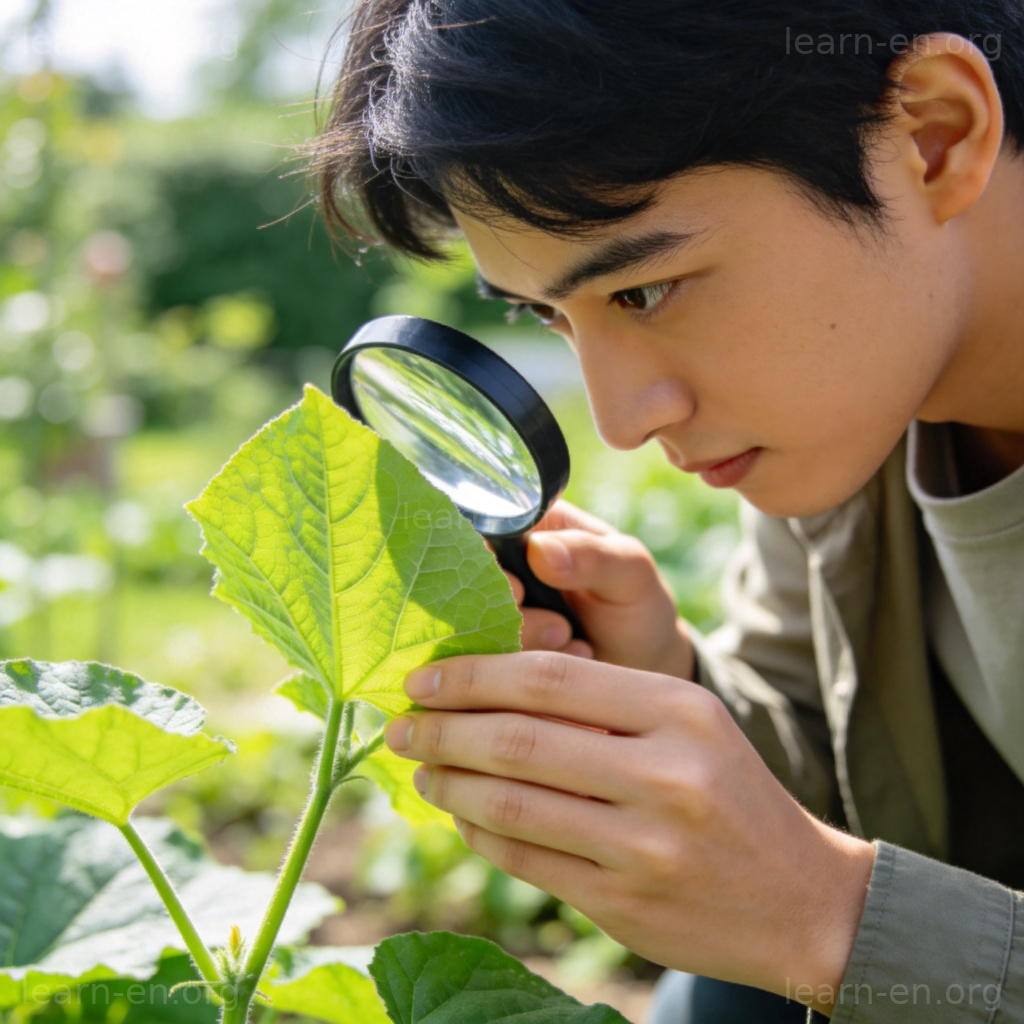 fully 彻底含义图解：用放大镜仔细检查植物叶片