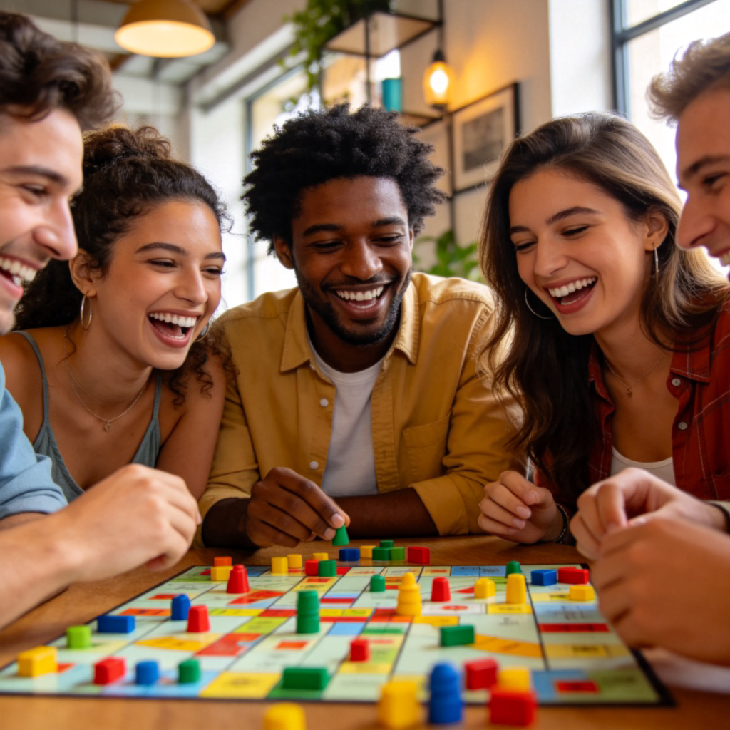 A group of diverse friends sitting around a table playing a board game, laughing and smiling. Bright, warm lighting, focus on their happy expressions and the colorful game pieces. Casual indoor setting. No text.