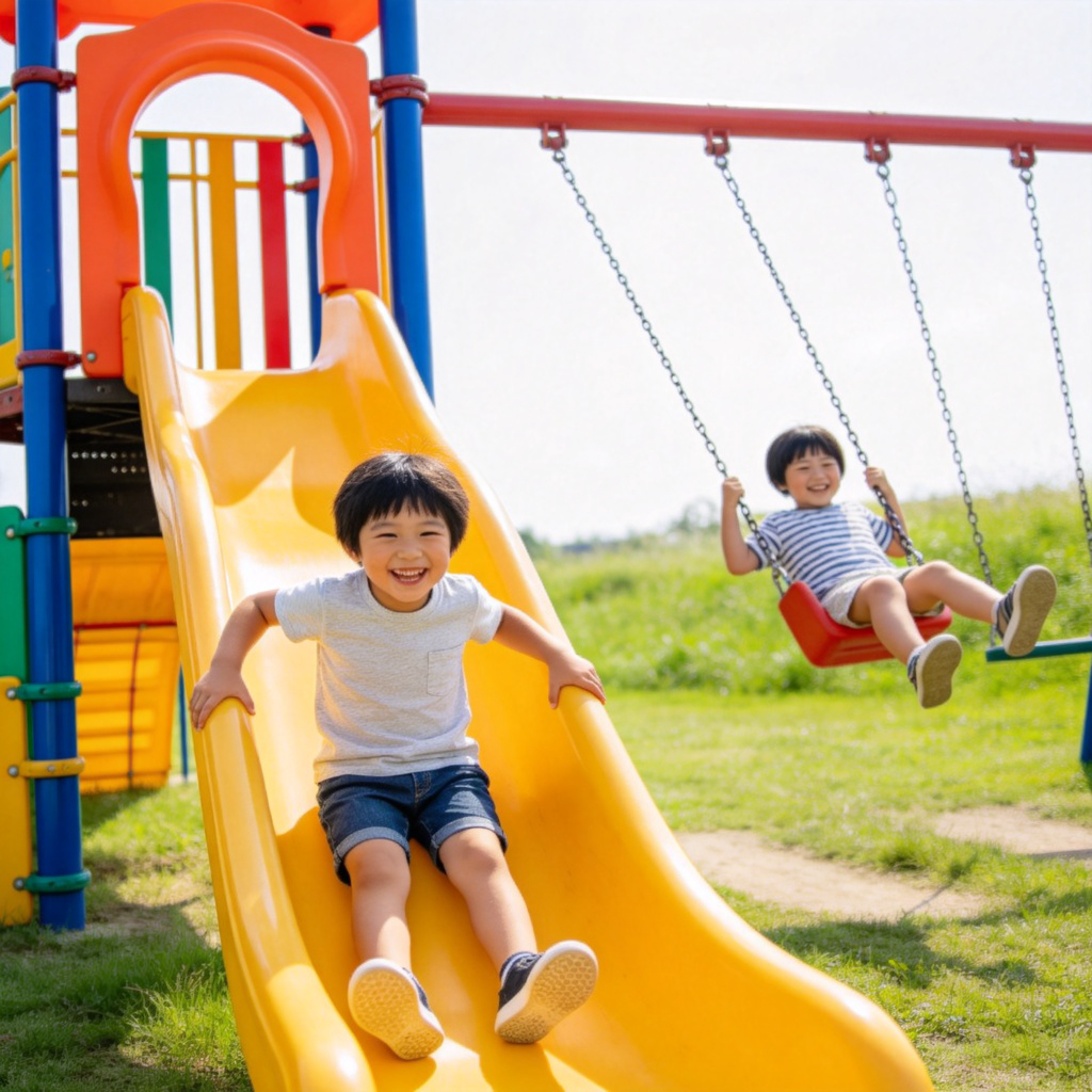 A vibrant and colorful playground with a slide and swings. A child is going down the slide with a big smile, and another is happily swinging. Sunny day, green grass in the background. Focus on the playful action and joyful atmosphere. No text.