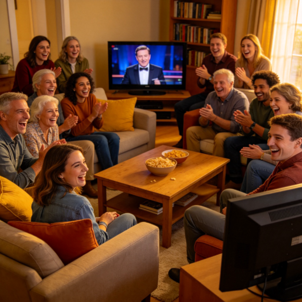 A group of diverse people of different ages gathered in a living room, laughing heartily at a comedian on the TV screen. Warm lighting, everyone is smiling and relaxed. No text, realistic photograph style.