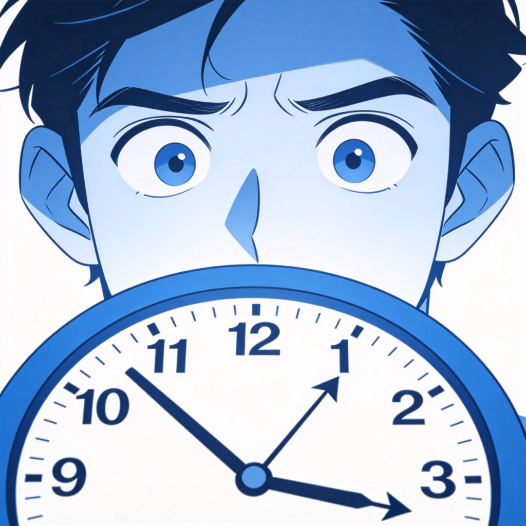 A close-up of a puzzled person looking at a clock that is running backwards. The person's face shows confusion. Simple background, clean digital art style, no text.