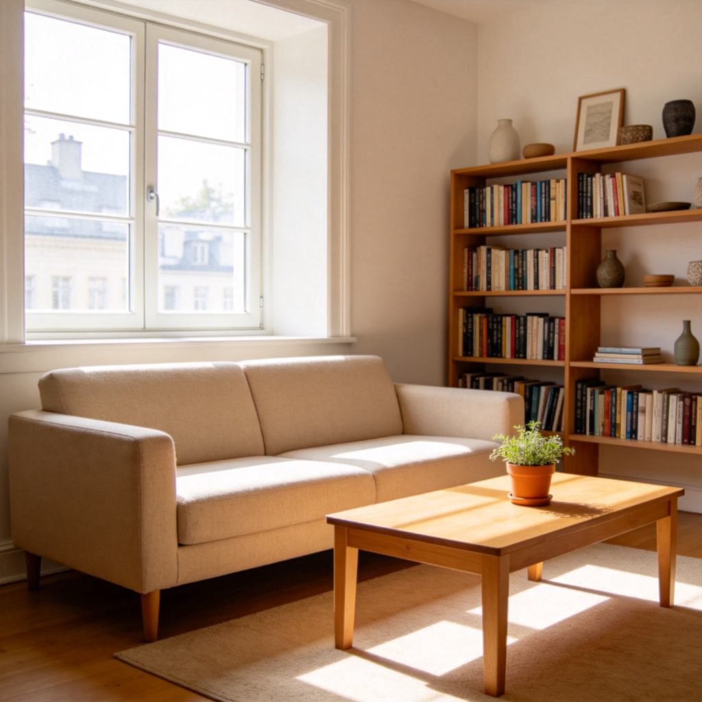 A bright, cozy living room interior. The image is centered on a beige fabric sofa, a wooden coffee table with a plant on it, and a bookshelf filled with books and decorations against a light-colored wall. Soft natural light from a large window. The furniture is the clear and only focus. No people, no text, clean and simple composition.