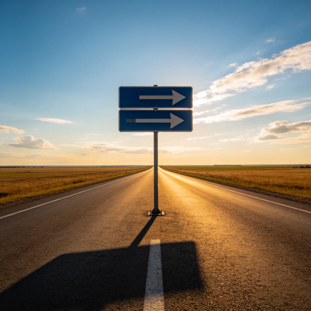 A wide, empty country road stretching straight into the distance under a blue sky. A signpost is visible in the foreground, with arrows pointing ahead. The road seems to go on forever, emphasizing the idea of a long distance. Photorealistic style, natural lighting, no people or text in the frame.