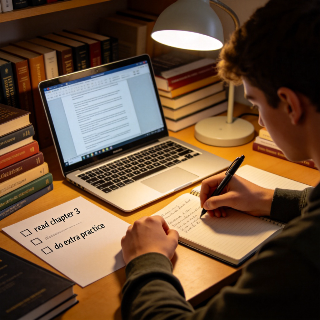 A determined student sits at a desk covered with books and a laptop. They are writing notes in a notebook, with a checklist next to them showing items like 'read chapter 3' and 'do extra practice'. The focus is on their hands and the plan, showing effort to go deeper into learning. Warm, study lamp lighting, realistic style.