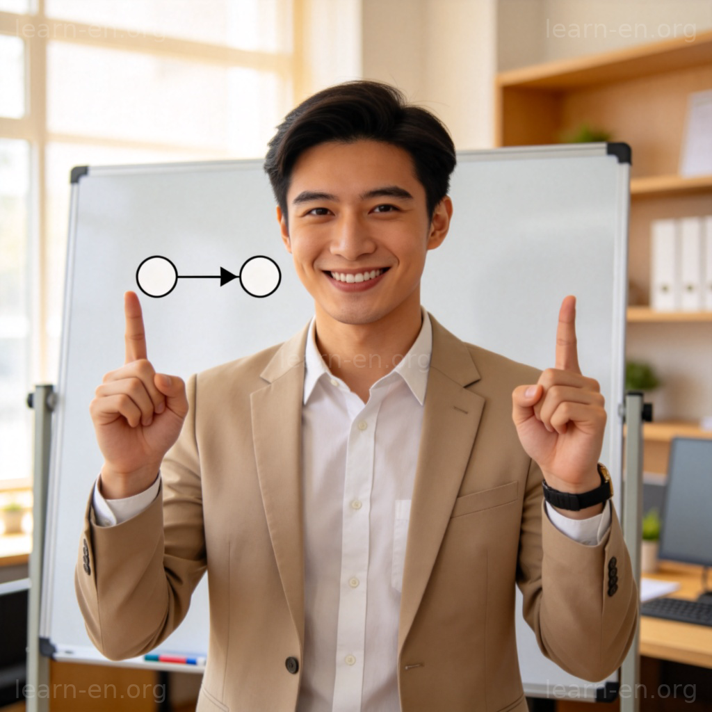 A person giving a presentation, holding up one finger while explaining a point, then raising a second finger with a confident smile. In the background, a simple mind map on a whiteboard shows one idea connected by an arrow to another new idea. Clean office environment, friendly atmosphere. No text.