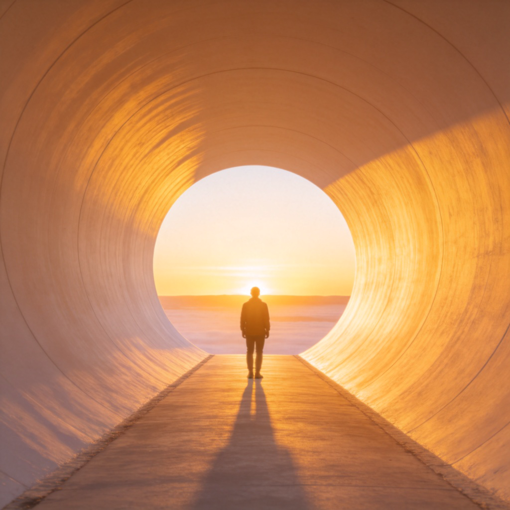 A bright, glowing tunnel or pathway made of light, extending from the foreground into a distant, sunrise-filled horizon. A person stands at the entrance looking forward. The image symbolizes moving forward in time. Clean, hopeful, and simple style with no text.