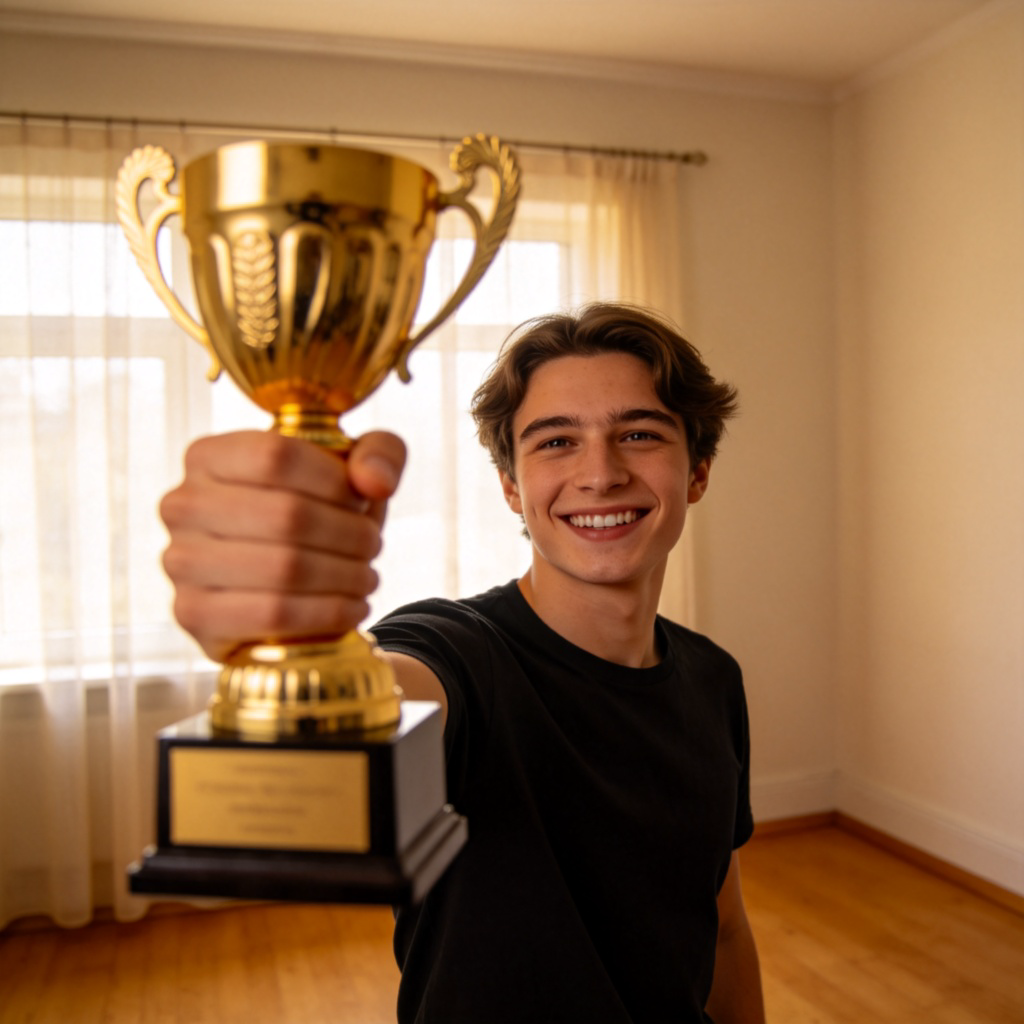 A smiling person holding up a gold trophy with both hands, standing in a simple room with a window. The person's expression shows pride and success. The trophy is the clear focus of the image. Soft, natural lighting, photorealistic style. No text or logos.