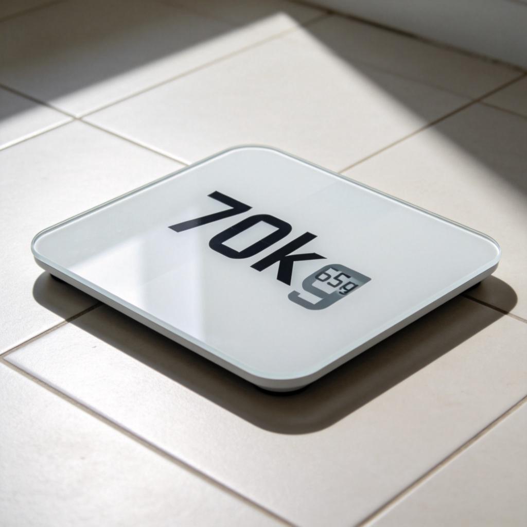 A digital bathroom scale on a clean tile floor, showing a higher number (like 70kg) compared to a smaller, faded number (like 65kg) next to it, implying an increase. Clear focus on the scale and the numbers. Simple background, realistic photograph style. No text or brand logos.