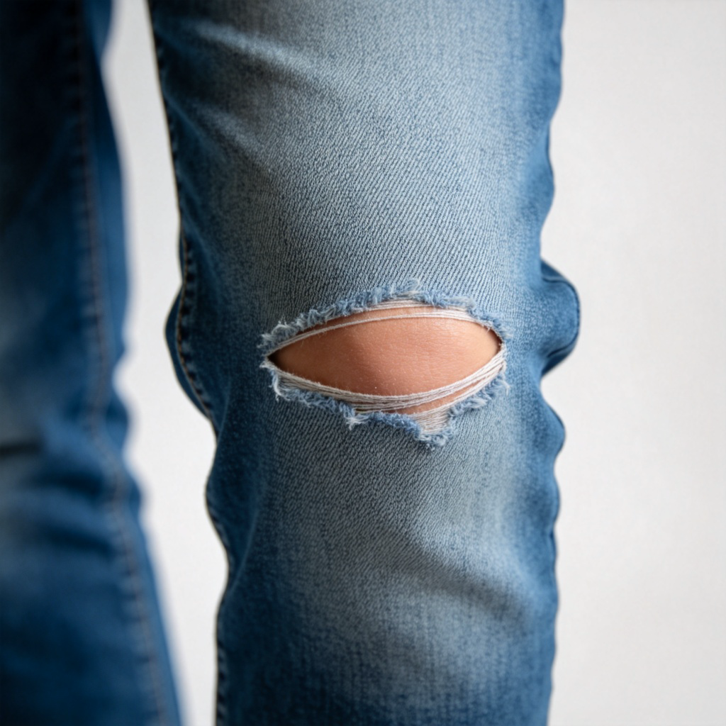 gap 图解：牛仔裤缺口，特写膝盖处破洞的细节