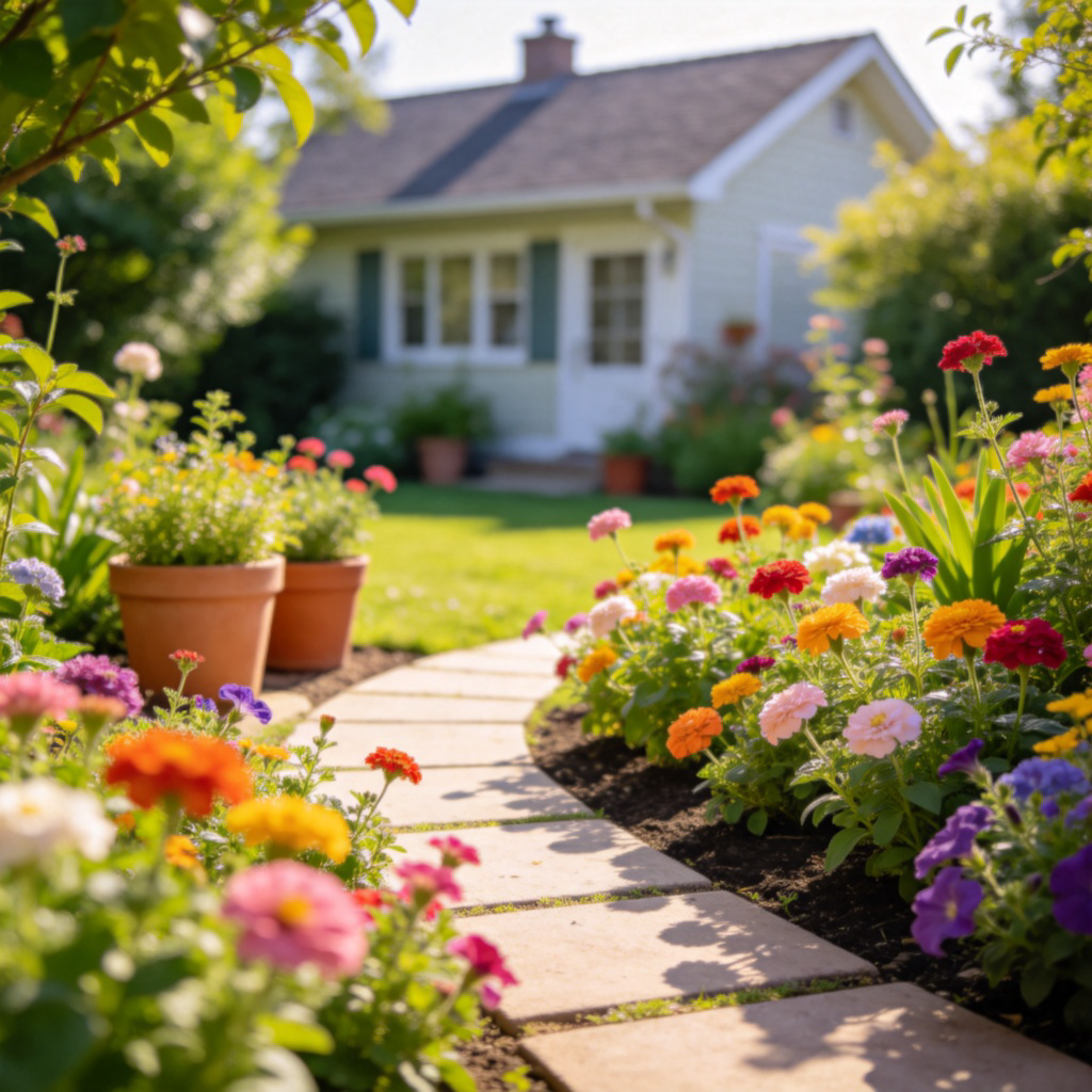 A bright, well-kept backyard garden with colorful flowers in bloom and a few potted plants. A small paved path leads through the garden. The focus is on the vibrant plants and tidy flower beds, with a cozy house visible in the soft-focus background. Sunny daylight, clear and inviting atmosphere. No text or people.