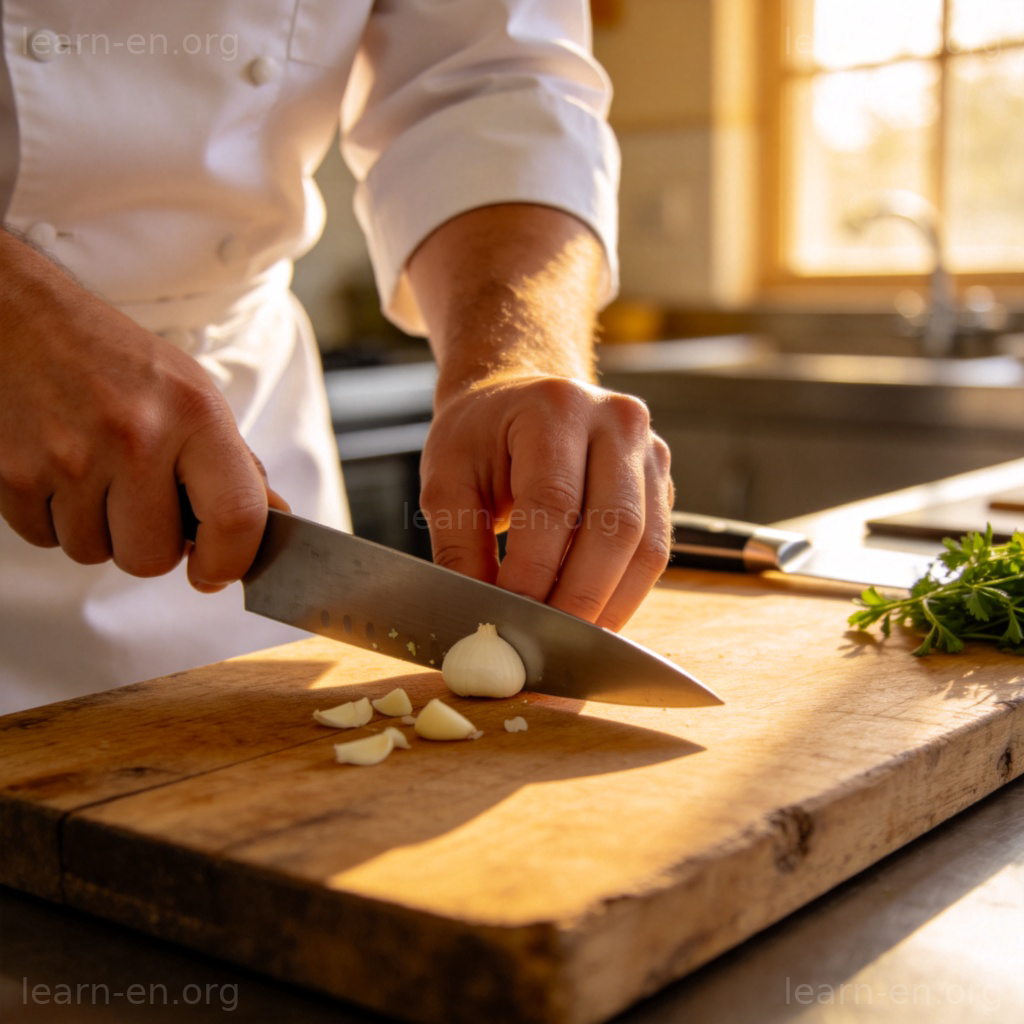 Garlic 大蒜图解：厨师在案板上切蒜瓣的场景