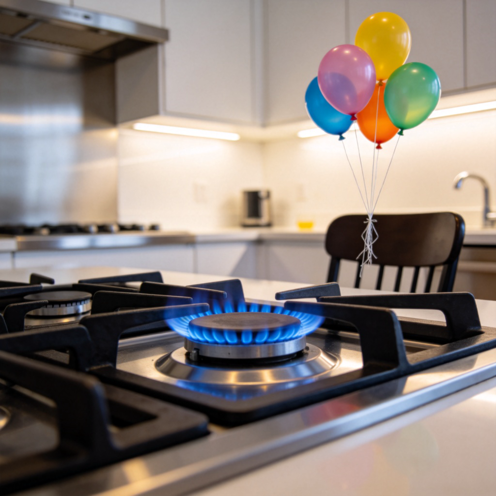 A close-up view of a blue flame burning steadily on a modern kitchen gas stove. In the foreground, a few colorful helium-filled balloons are tied to a chair, floating upwards. Clean, well-lit kitchen background. No text.