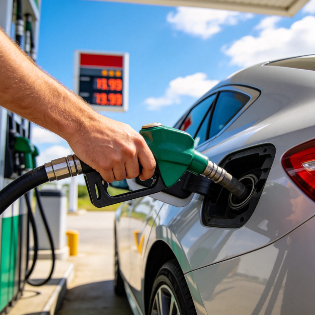 A person's hand holding a gasoline pump nozzle, inserting it into the fuel tank of a modern silver car at a bright, clean gas station. The price display on the pump is visible but blurred. Sunny day, blue sky in the background. No text or logos.