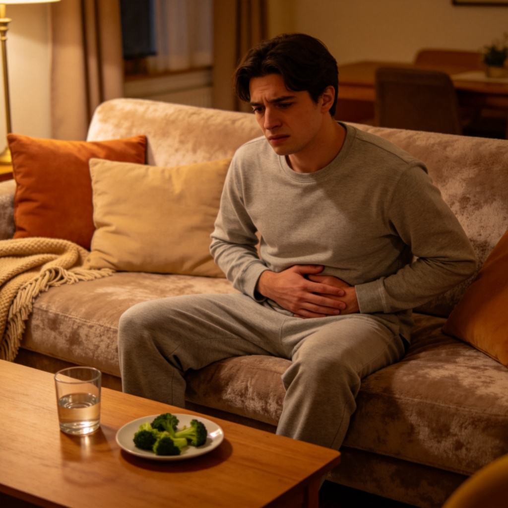 A person in casual home clothes sitting on a comfortable sofa, looking slightly uncomfortable with one hand gently resting on their lower abdomen. A half-empty glass of water and a small plate with broccoli florets are on the coffee table in front. Warm, cozy living room lighting. No text.