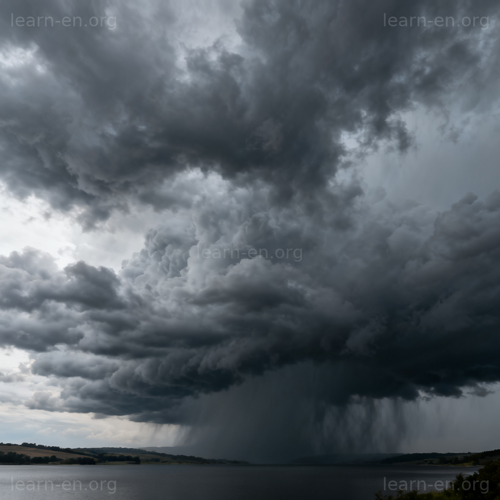 Gather as accumulate depicted by dark rain clouds gathering and thickening in the sky.