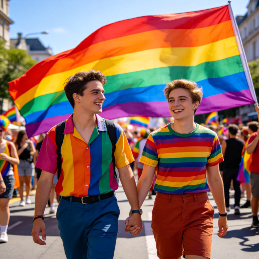 A clear, daytime scene of a diverse city street parade. Two smiling people of the same gender are walking hand-in-hand, wearing colorful casual clothes. In the background, there is a large, vibrant rainbow flag being waved by the crowd. The atmosphere is joyful and inclusive. Focus is on the couple and the flag. No text or logos.
