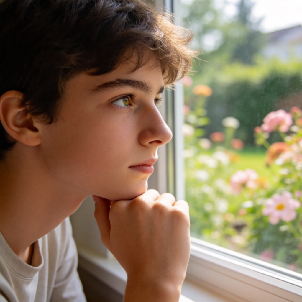 A young person sitting by a window, chin resting gently on their hand, gazing intently out at a blooming garden. Soft afternoon light illuminates their thoughtful face. The focus is on their eyes and expression of quiet fascination. Realistic style, clean background. No text.