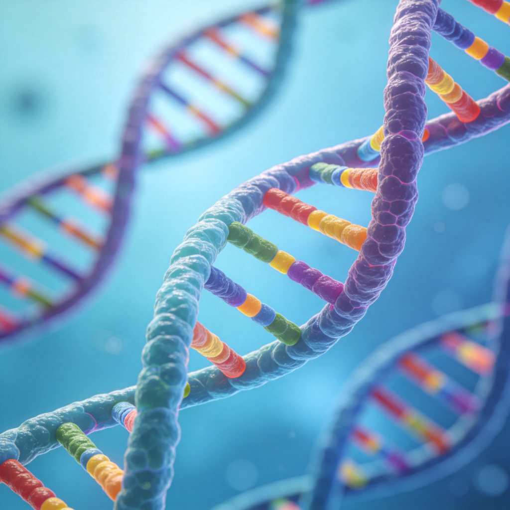 A detailed, close-up illustration of the famous double helix structure of DNA. Parts of the helix are highlighted in bright colors to represent individual genes. The background is a simple, soft blue, with no text or distracting details. The focus is entirely on the elegant, ladder-like structure that holds the code of life.
