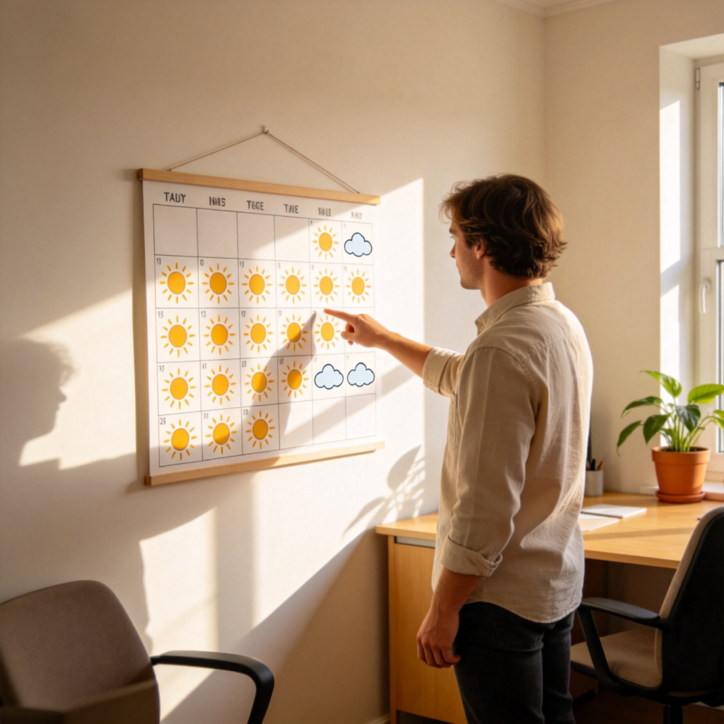 A person standing in front of a weekly calendar on a wall, with most days marked with a sun symbol and only one or two with a cloud. The person is pointing at the sunny days, showing a routine pattern. Bright, clear lighting, realistic home office setting, no text or numbers visible.