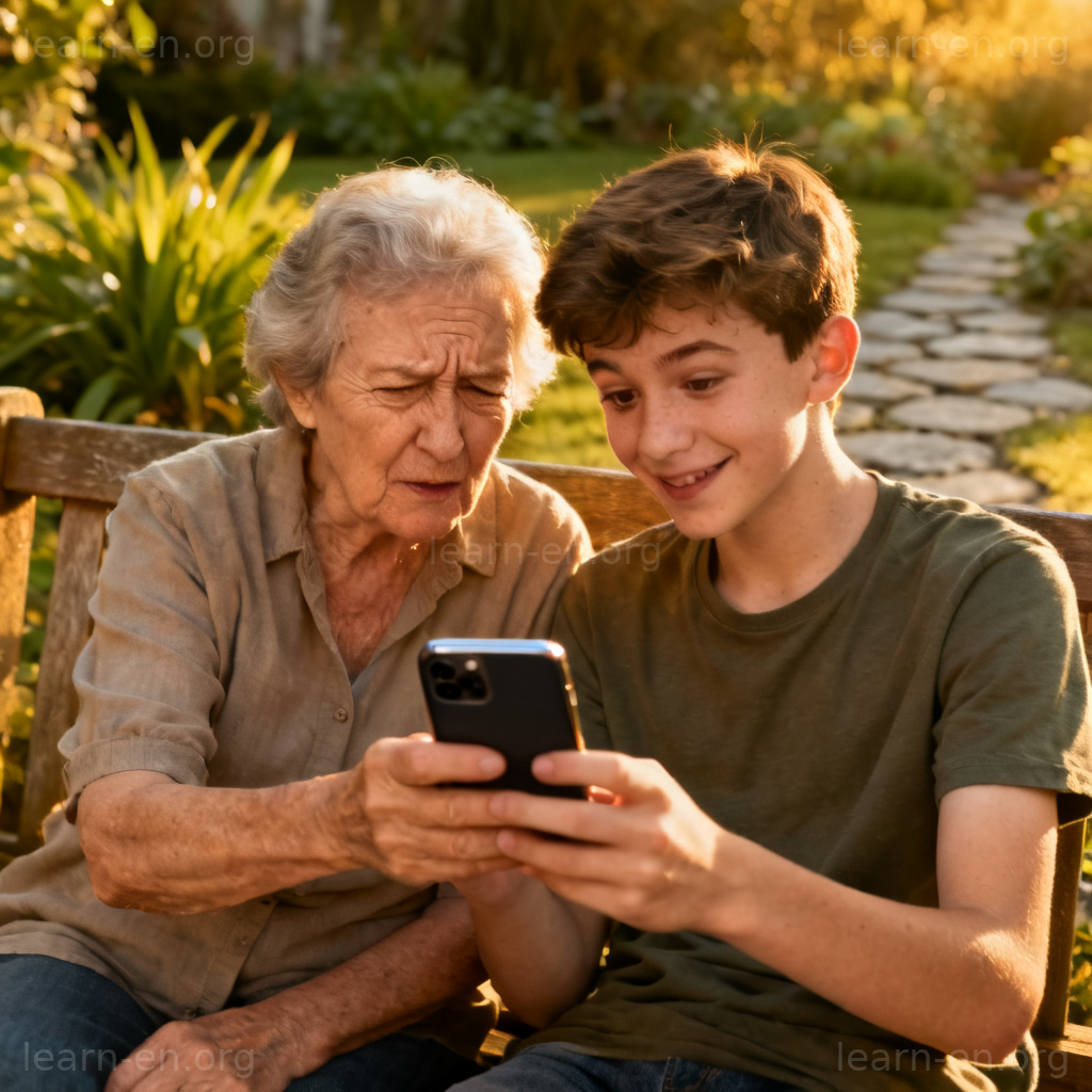 Generation gap illustration: grandparent and teen with smartphone