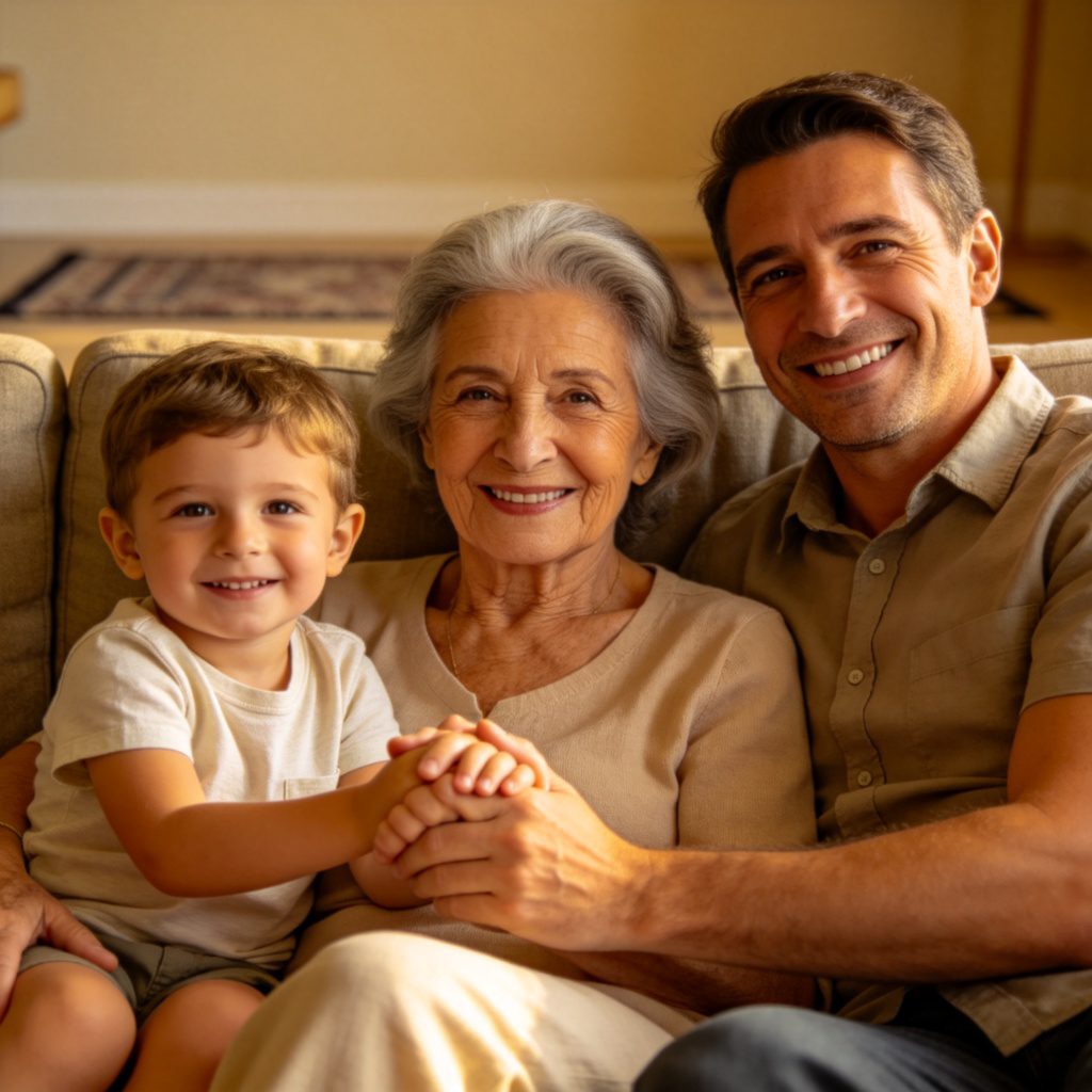 A warm, realistic photo of a multi-generational family sitting together on a comfortable sofa. An elderly woman with grey hair is in the center, holding the hand of a young child on her left, while a middle-aged man (the father) smiles on the right. Their facial features show clear family resemblance across ages. Soft, natural indoor lighting, focus on their connected hands and happy expressions. Plain living room background. No text.
