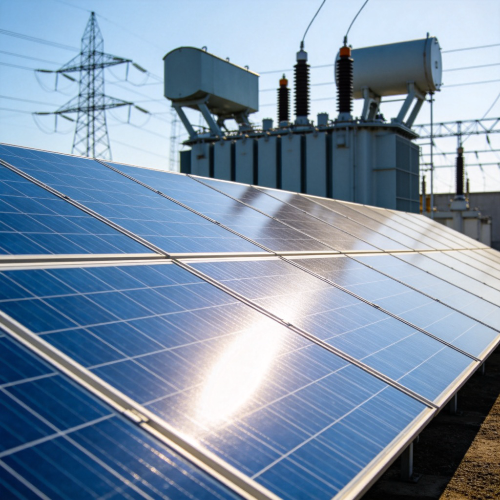 A close-up, detailed shot of a modern solar power station. Rows of shiny, blue photovoltaic panels are angled towards the sun under a clear sky. In the background, large electrical transformers and power lines are visible, suggesting the flow of electricity being generated. The scene is bright and clean, conveying a sense of renewable energy and technology. No text or people.
