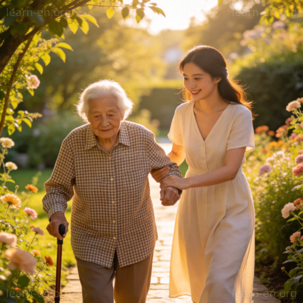 gentle 含义图解：女性温和微笑，搀扶老人过路的温馨场景