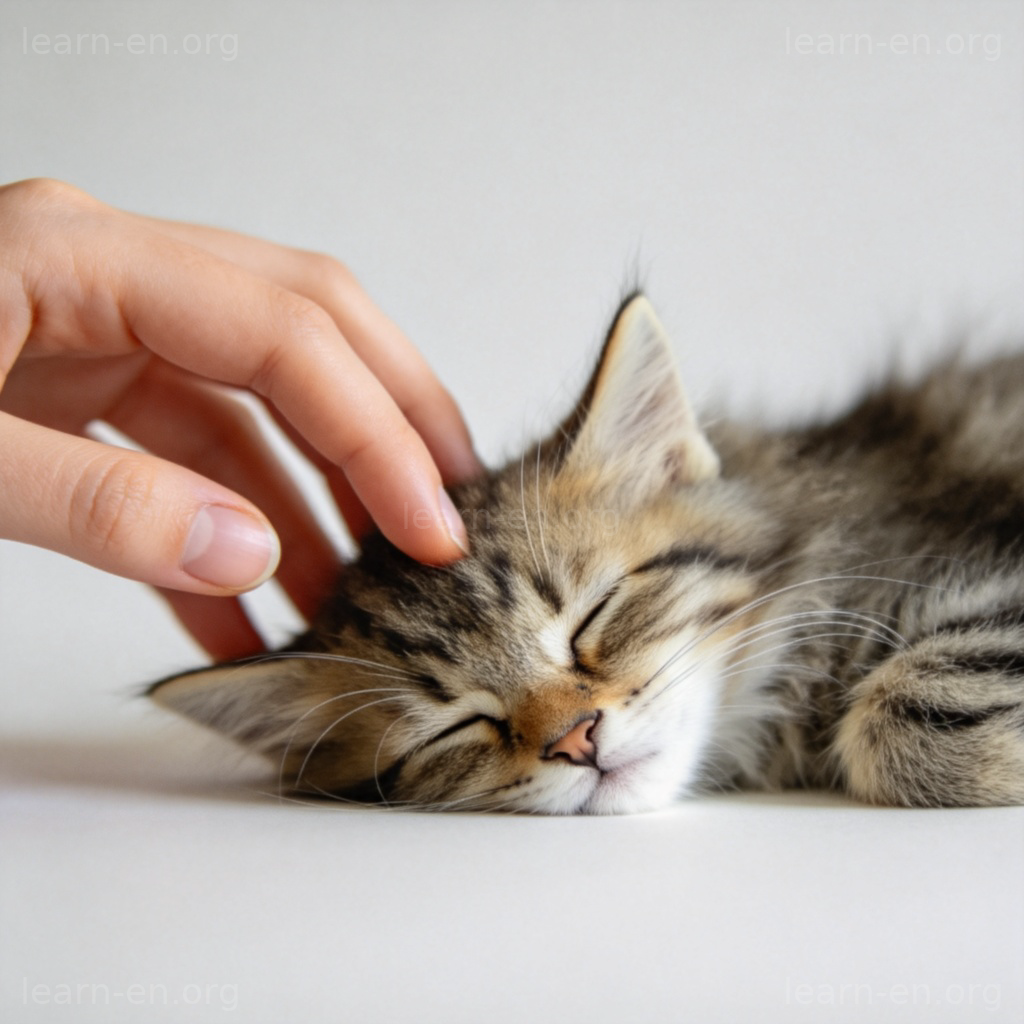 gentle 含义图解：手指轻柔触碰熟睡小猫绒毛的细腻特写