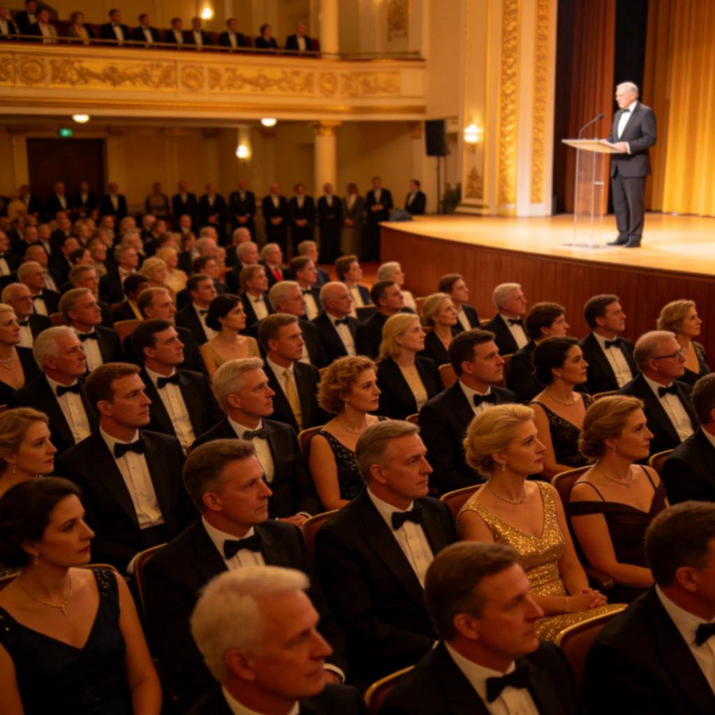 A formal event hall with a diverse audience of men and women, all dressed elegantly, listening attentively to a speaker on stage. Warm lighting, focus on the crowd's respectful attention. No text.