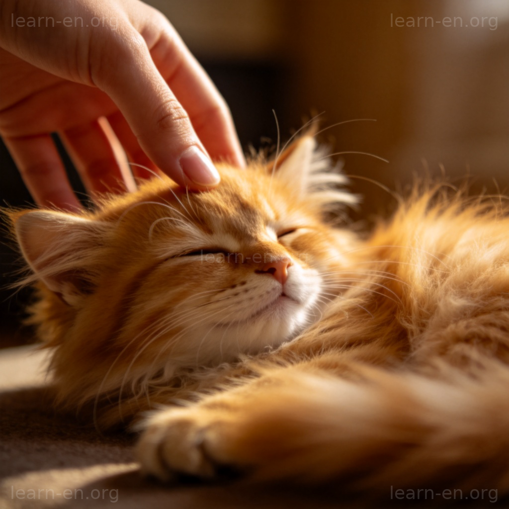 gently 轻柔地含义图解：手指轻抚小猫的温馨场景
