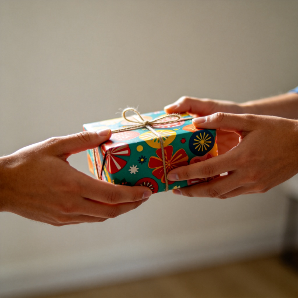 A person's hands reaching out to receive a wrapped gift from another person's hands. Focus on the moment of transfer, the gift is colorful. Plain, slightly blurred background to highlight the action. Natural indoor lighting, realistic style. No text or logos.