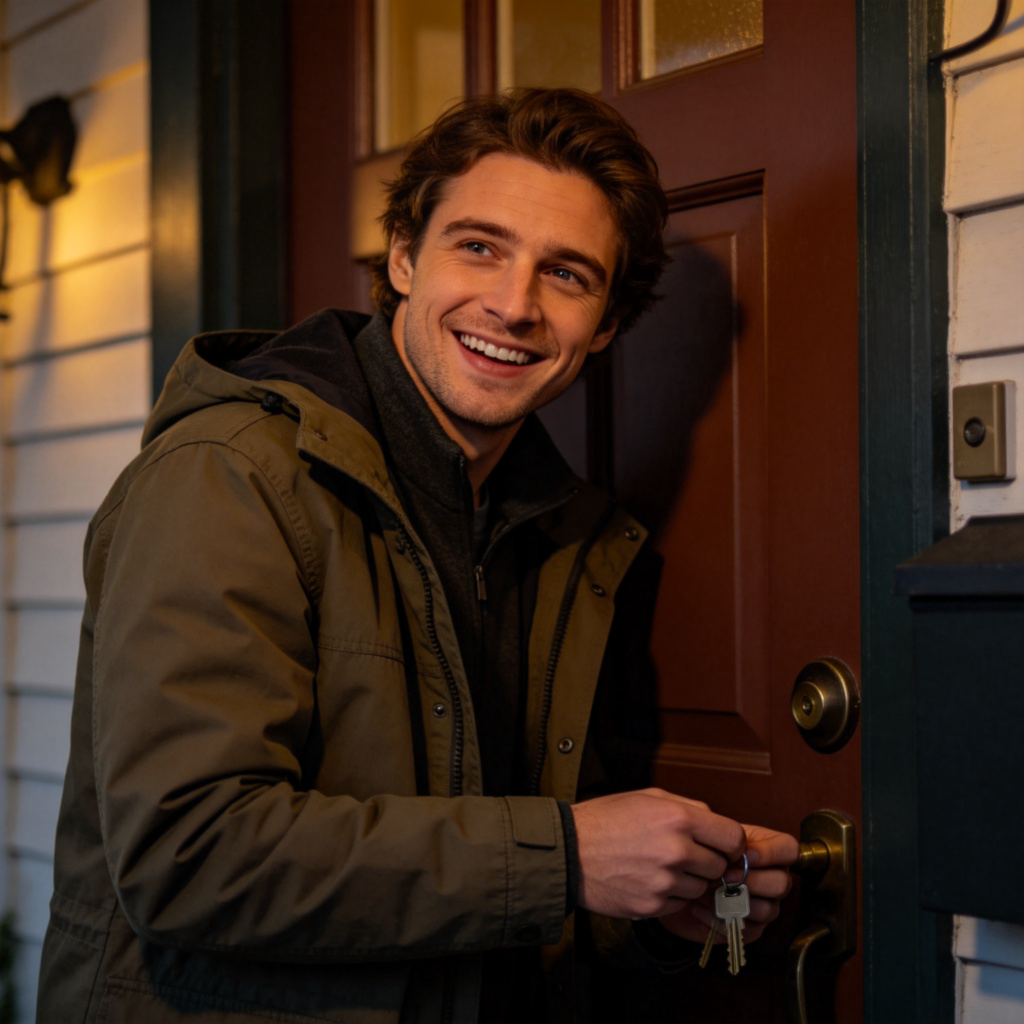 A person standing in front of their home door, pulling out keys, with a relieved expression. They are dressed in outdoor clothes (like a jacket), suggesting they have just arrived from elsewhere. Warm evening light, realistic photo style, focus on the person and the door. No text.