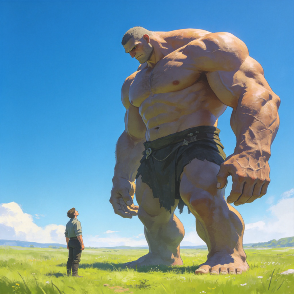 A scene showing a very tall, muscular fantasy giant standing next to an ordinary-sized person, highlighting the extreme difference in their height and size. The giant is looking down, the person is looking up in awe. Clear daylight, simple grassy background. No text.