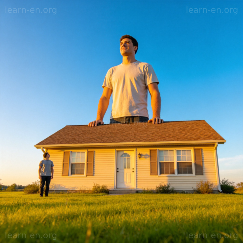A person standing next to an ordinary house, but the person is towering over the roof, showing they are as tall as the building. This visually represents something of 'giant' scale compared to everyday objects. Sunny day, suburban setting. No text.