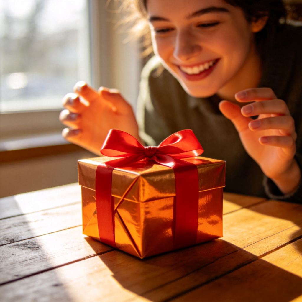 gift 礼物含义图解：系着红丝带的精美礼物在晨光中