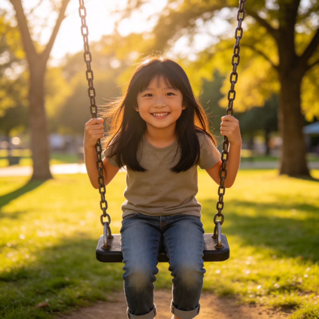A cheerful Asian girl, around 7 years old, playing on a swing in a sunny park with green grass and trees. She is smiling, wearing casual clothes like jeans and a T-shirt. Mid-shot, clear focus on her face and action. No text.