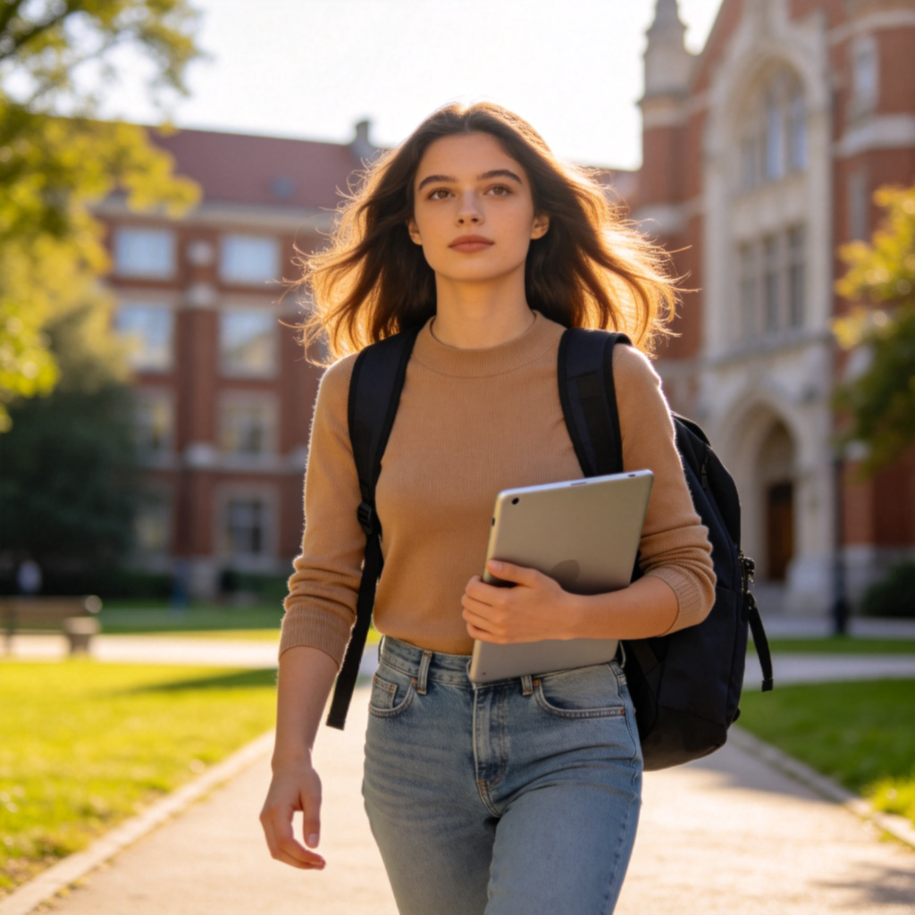 A young woman, around 22 years old, walking confidently on a university campus. She is wearing a backpack, holding a tablet or a book, looking ahead with a focused expression. Modern, casual attire. Sunny day, background shows university buildings. Mid-shot, clear focus. No text.