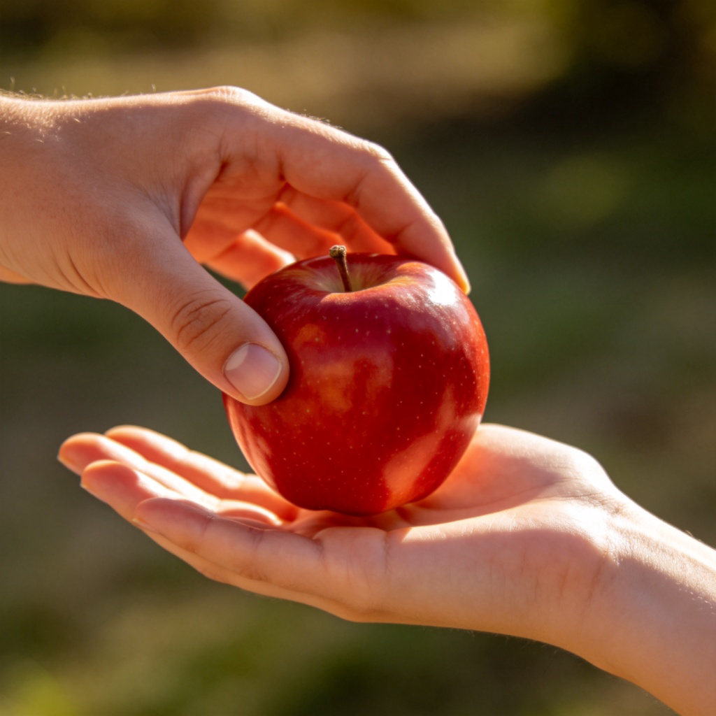 A close-up shot of a person's hand gently passing a bright red apple into another person's waiting hand. The background is softly blurred, focusing entirely on the act of transferring the apple. Natural daylight, warm tone. No text or logos.