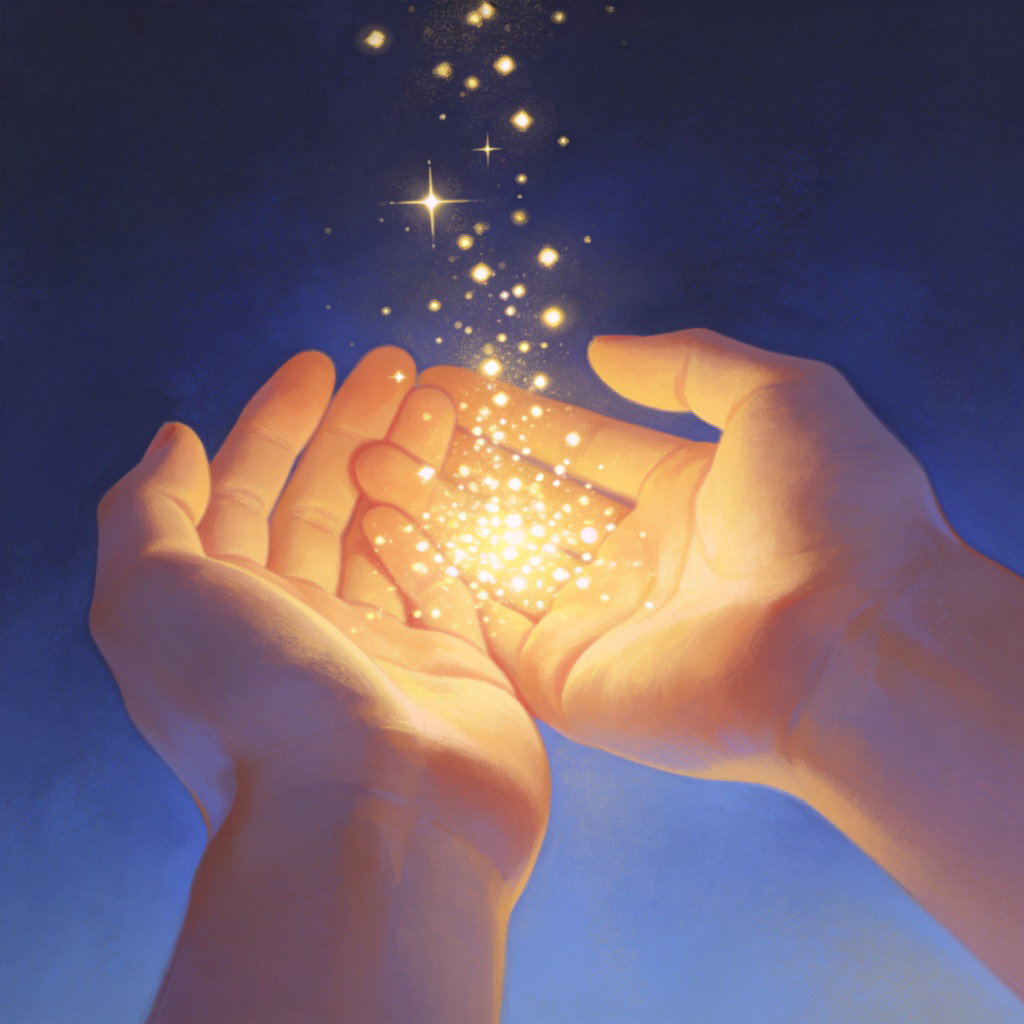 A symbolic scene of giving: a pair of cupped hands gently holding and offering glowing, abstract particles of light upwards, against a soft, dark blue background. The light represents non-physical gifts like hope, love, or knowledge. Ethereal and warm mood. No text or recognizable faces.