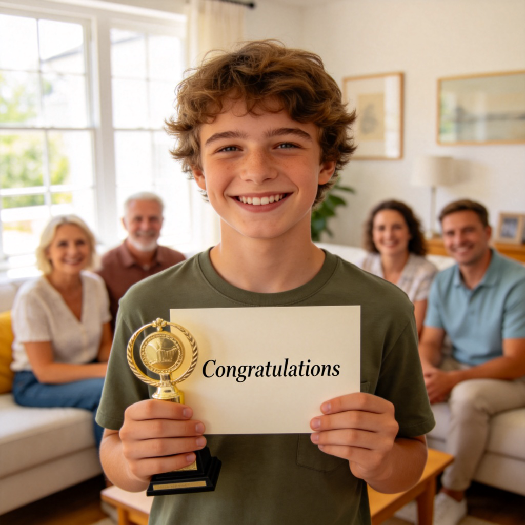 A young person with a warm, genuine smile, holding a 'Congratulations' card or a small trophy, standing in a bright living room with family members smiling in the background. Soft daylight from a window, focus on the person's happy face and the celebratory item. Realistic photo style, no text or logos.